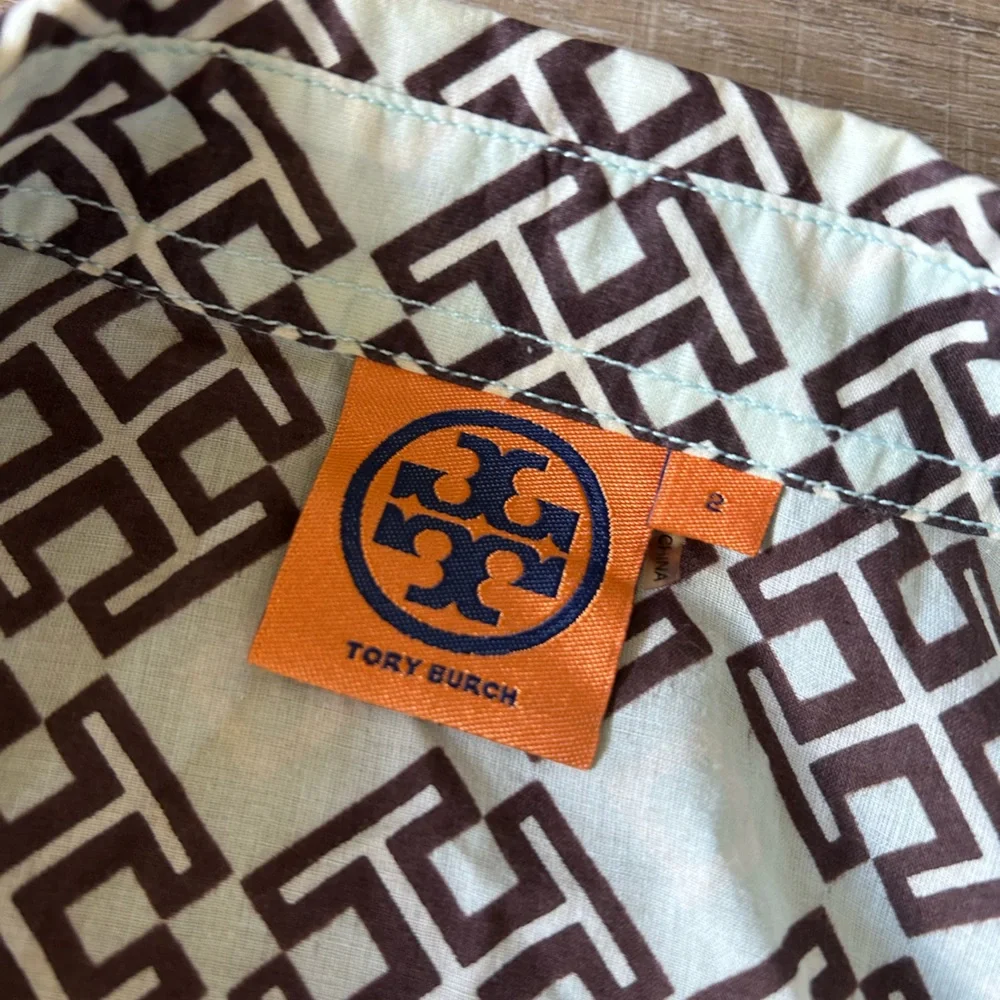 ▶️ Tory Burch Logo Print Blouse Women 2 Sheer Button Front Collared Long Sleeve